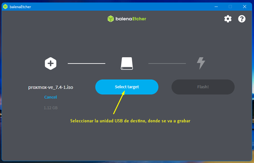 Balena Etcher: seleccionar la unidad USB de destino