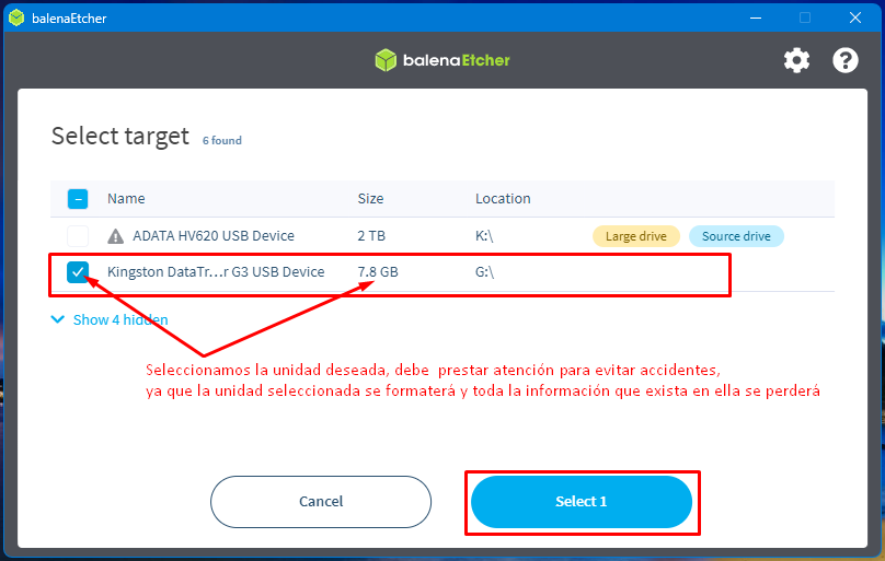 Balena Etcher: Escoger la unidad deseada del listado mostrado