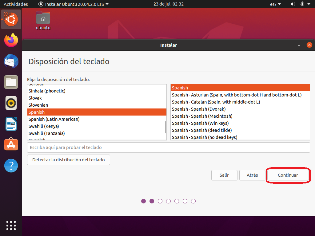 Sistema operativo GNU Linux Ubuntu 20.04: Proceso de instalación: Selección de la distribución de teclado