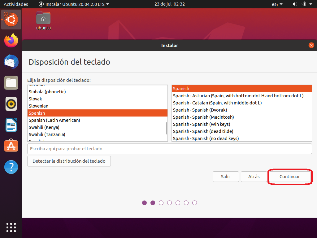 GNU Linux Ubuntu 20.04 operating system: Installation process: Selecting the keyboard layout