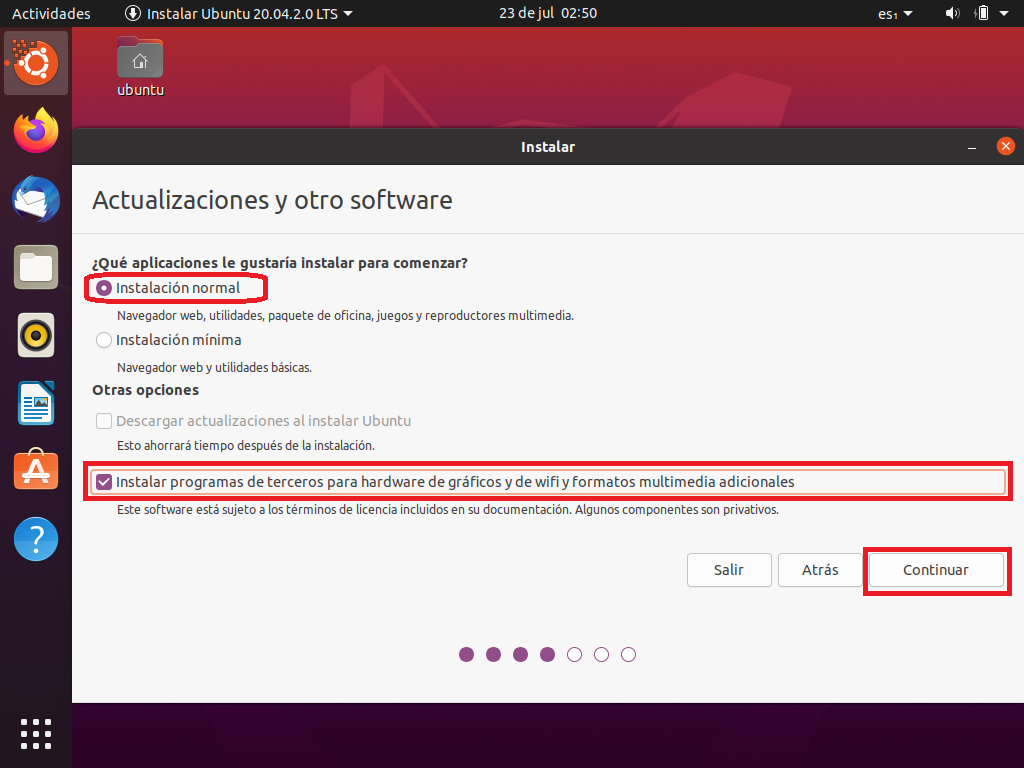 Sistema operativo GNU Linux Ubuntu 20.04: Proceso de instalación: Actualizaciones y otros software