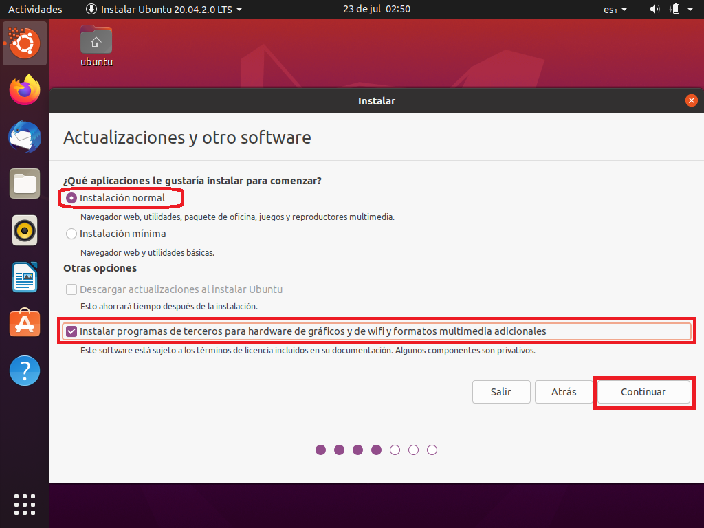 GNU Linux Ubuntu 20.04 operating system: Installation process: Updates and other software