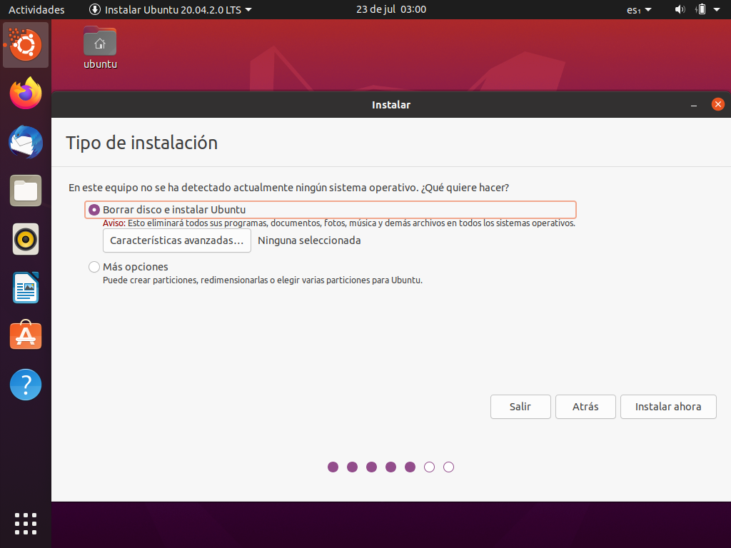 Sistema operativo GNU Linux Ubuntu 20.04: Proceso de instalación: Tipo de instalación