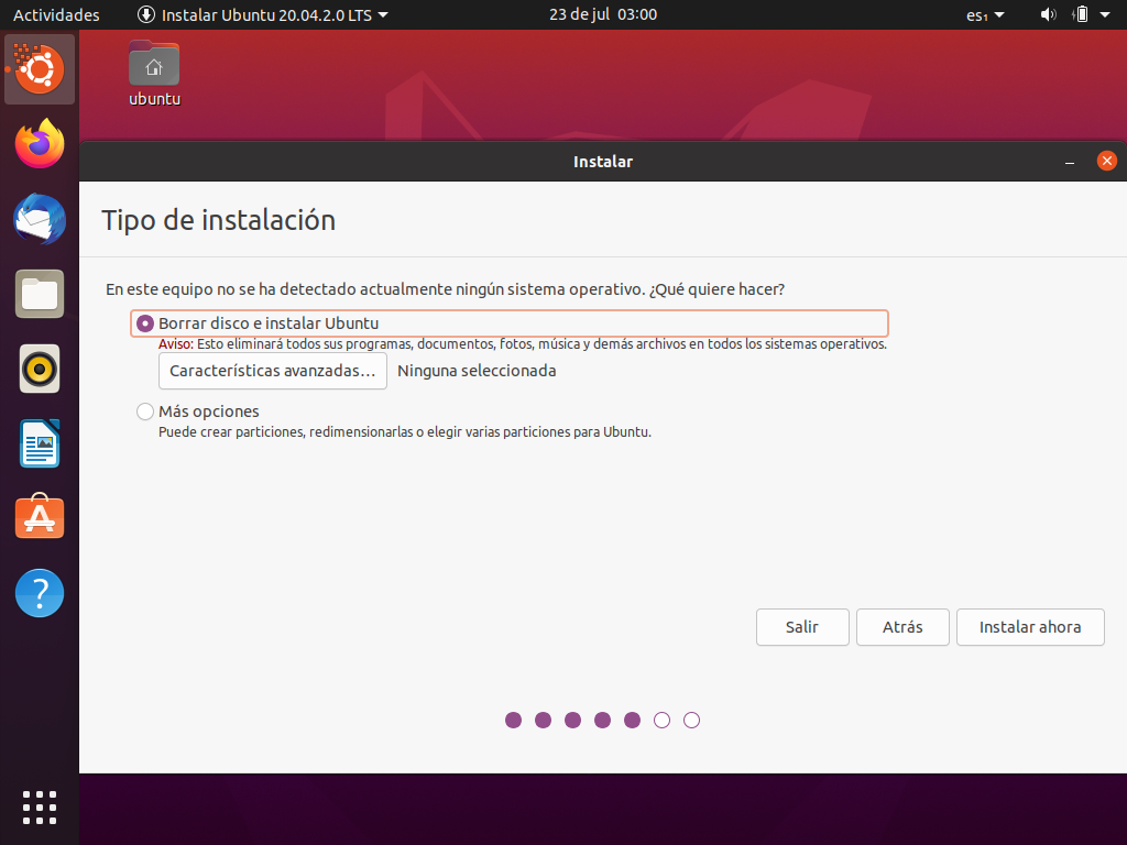 GNU Linux Ubuntu 20.04 operating system: Installation process: Installation type