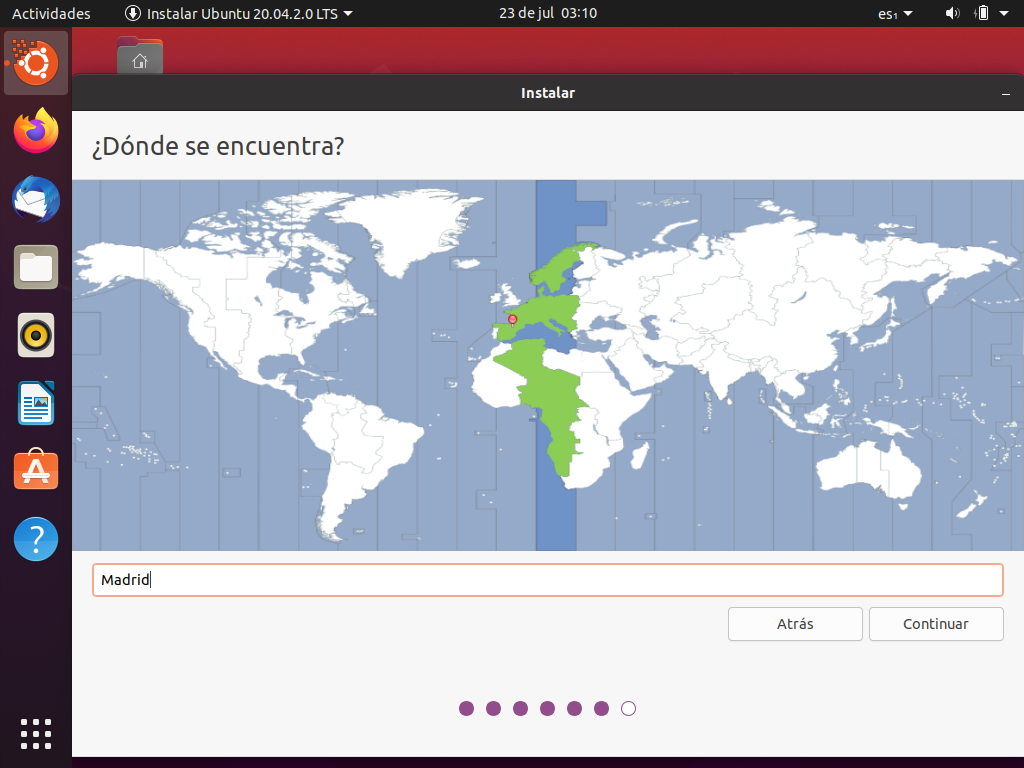 Sistema operativo GNU Linux Ubuntu 20.04: Proceso de instalación: Selección del país