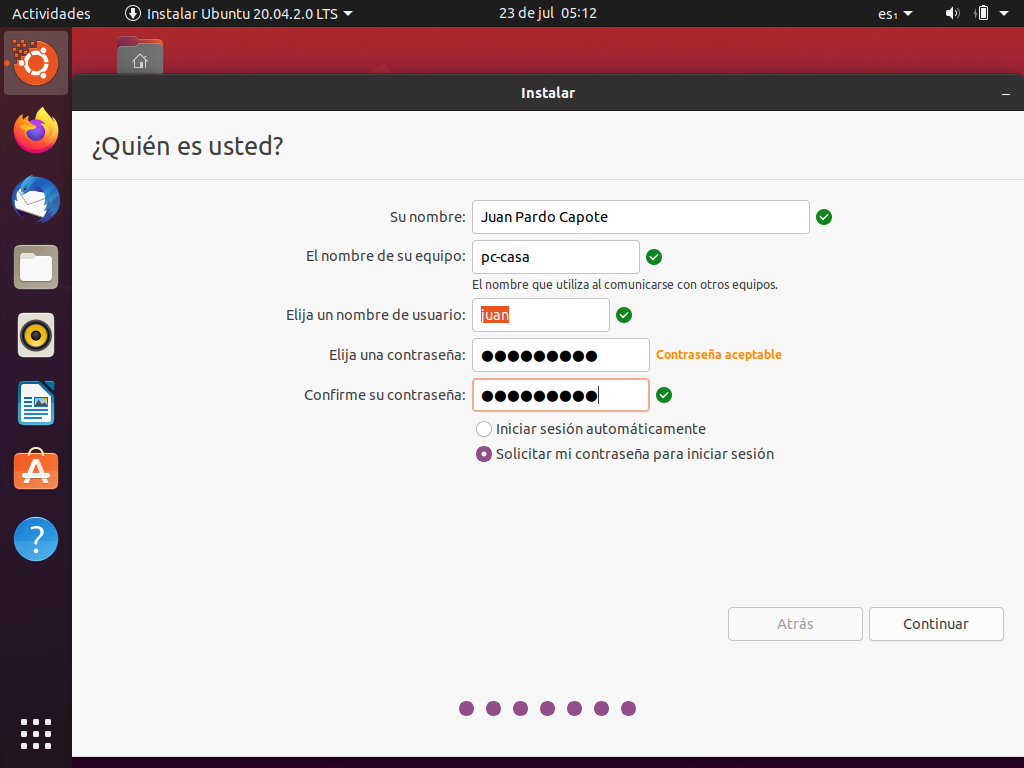 Sistema operativo GNU Linux Ubuntu 20.04: Proceso de instalación: Datos de cuenta de usuario