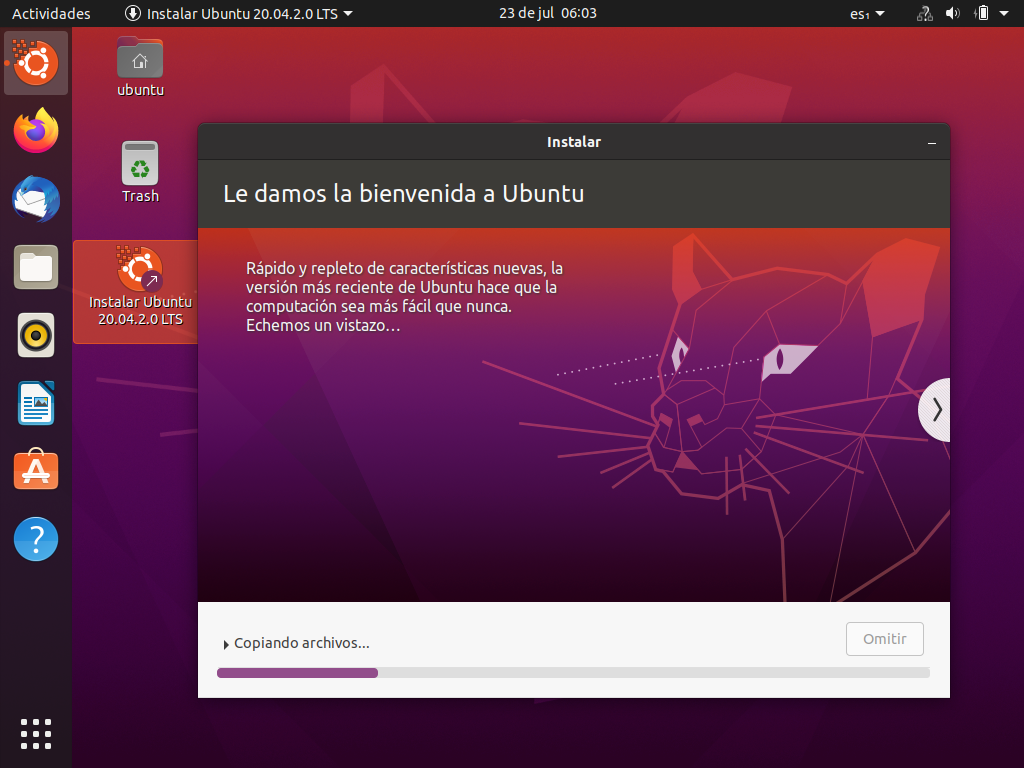 Sistema operativo GNU Linux Ubuntu 20.04: Proceso de instalación: Bienvenida al SO