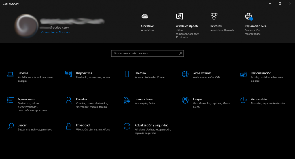 Microsoft Windows: Ventana Configuración