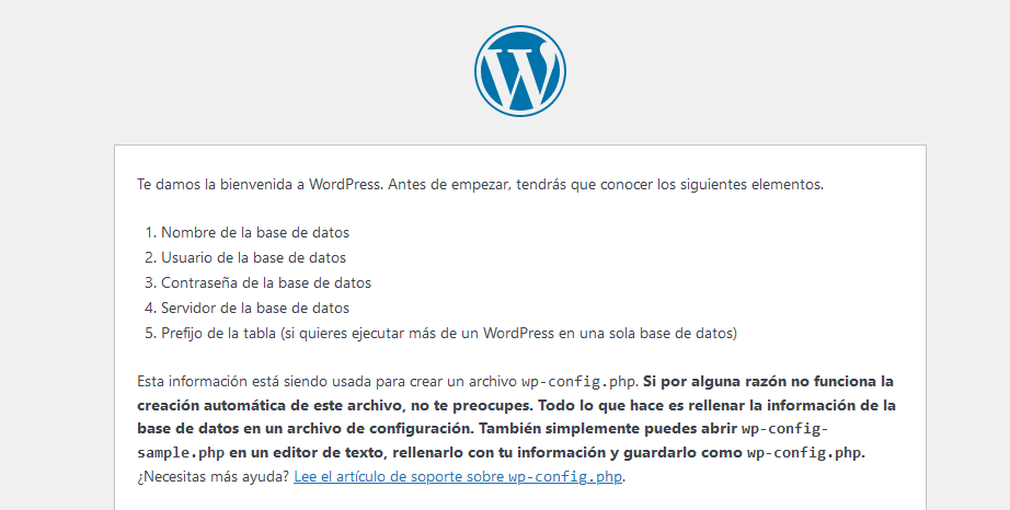 Pantalla1 de la Instalación de WordPress