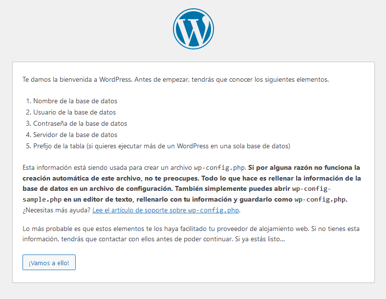 Pantalla1 de la Instalación de WordPress