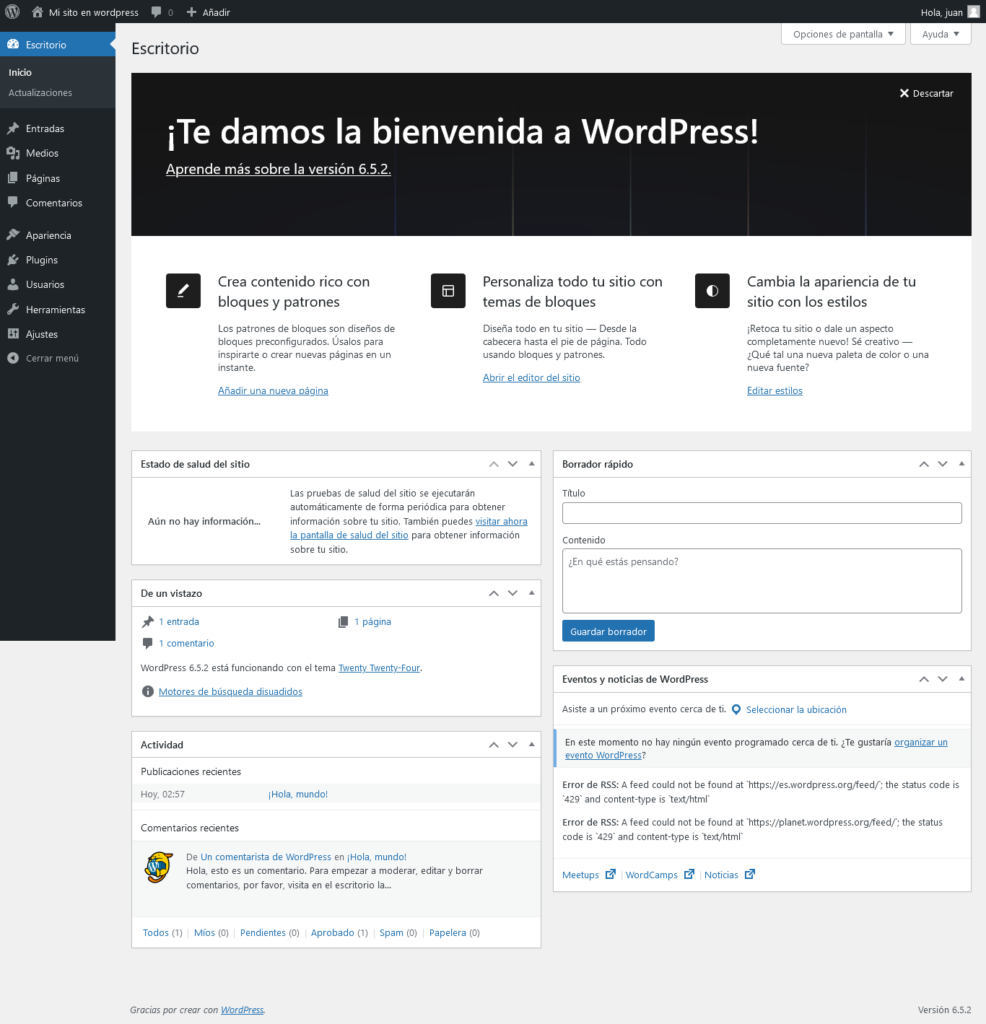 Panel de administración del WordPress
