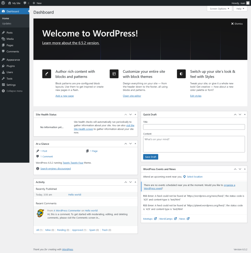 Wordpress admin dashboard